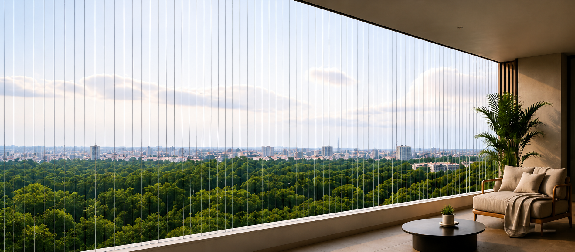 A modern luxury penthouse balcony with floor-to-ceiling invisible grill tension cables.